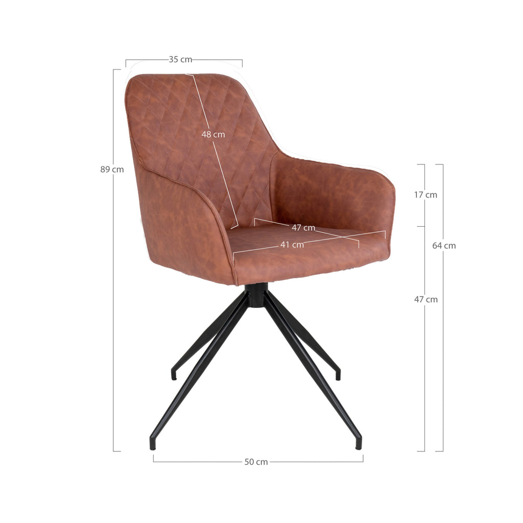 Scaun de dining rotativ, piele sintetică PU, maro cu aspect vintage, picioare negre, HN1220