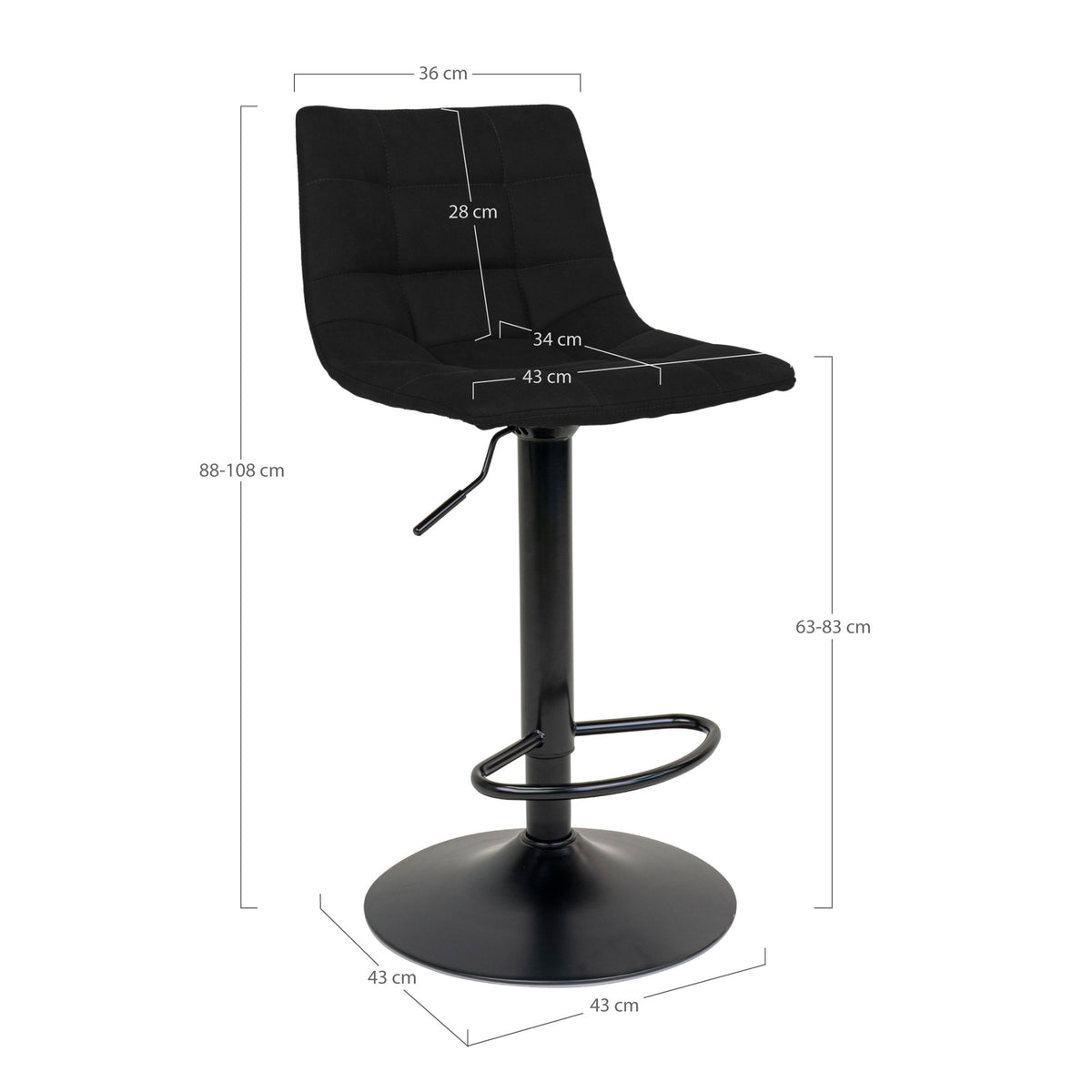 Scaun de bar, catifea, negru, picioare negre, N1207
