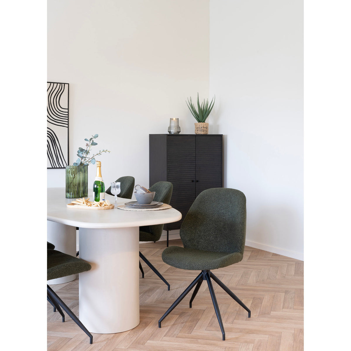 Scaun de dining rotativ, bouclé, verde, picioare negre, HN1241
