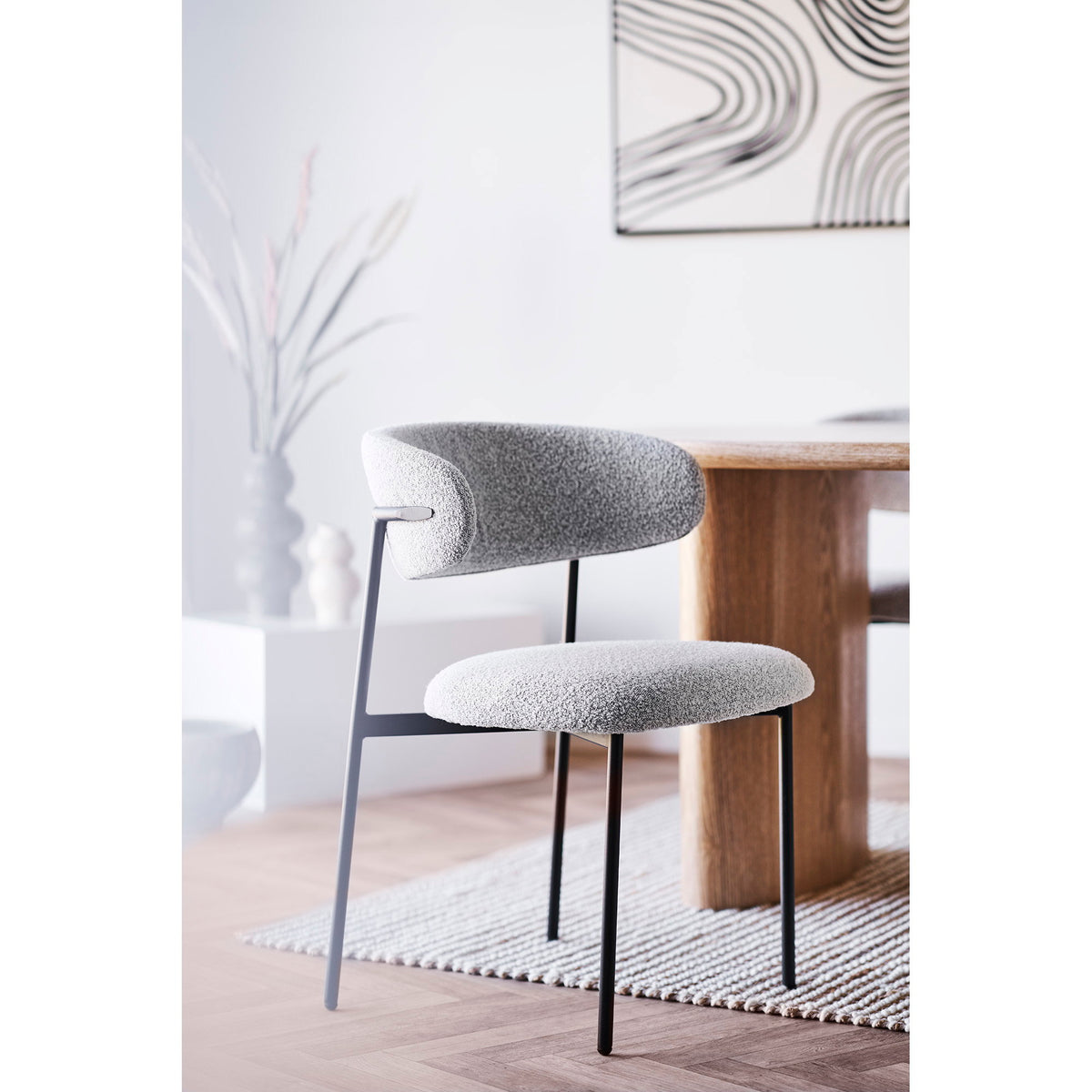 Scaun de dining, bouclé, nisipiu, picioare negre, HN1267