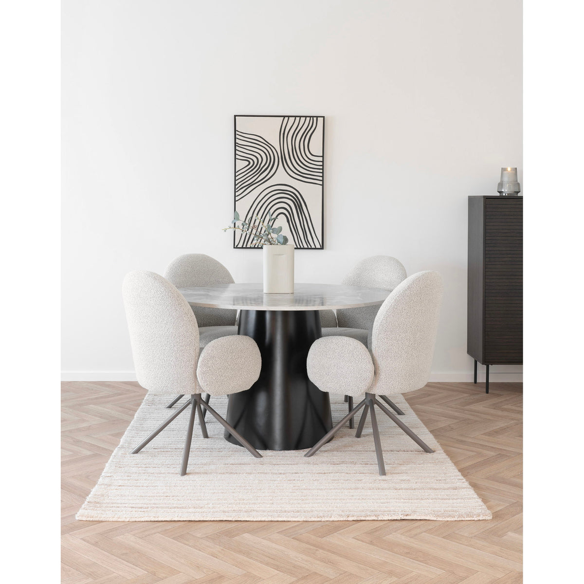 Scaun de dining rotativ, cotiere, bouclé, nisipiu, picioare gri, HN1267