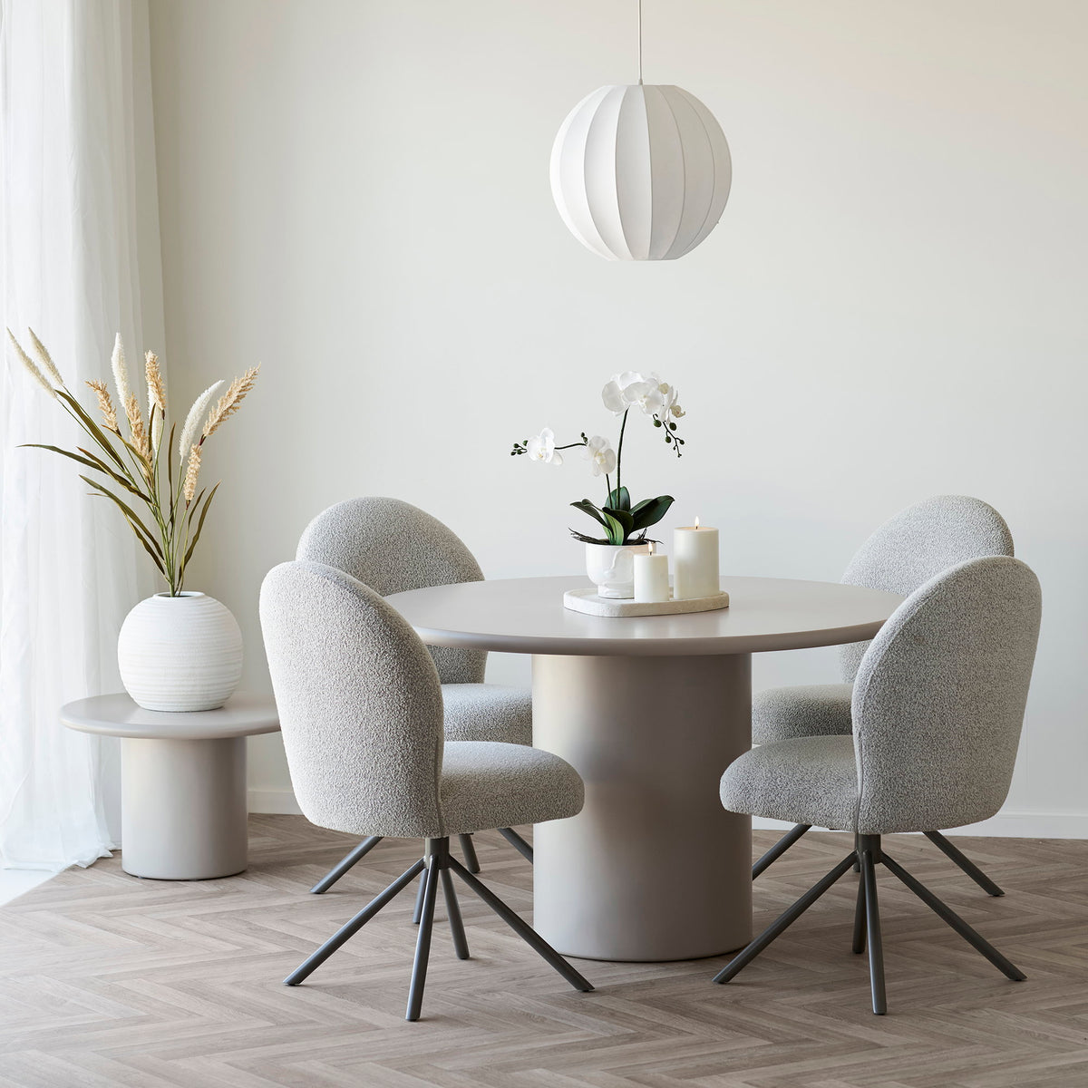 Scaun de dining rotativ, bouclé, nisipiu, picioare gri, HN1267