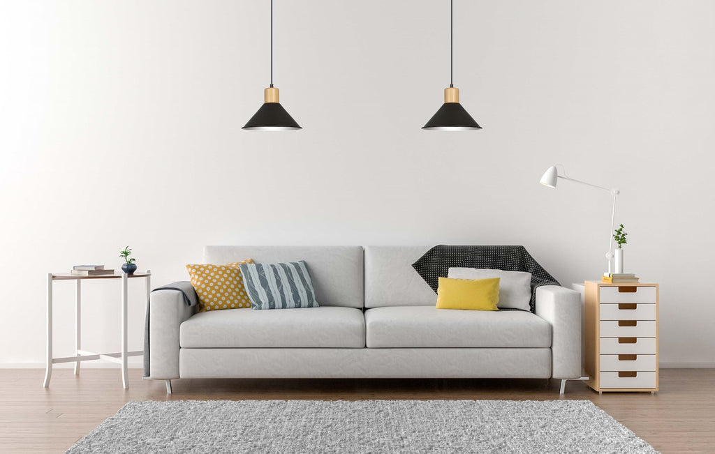 Lampa suspendata conica neagra cu accente de lemn Rowen