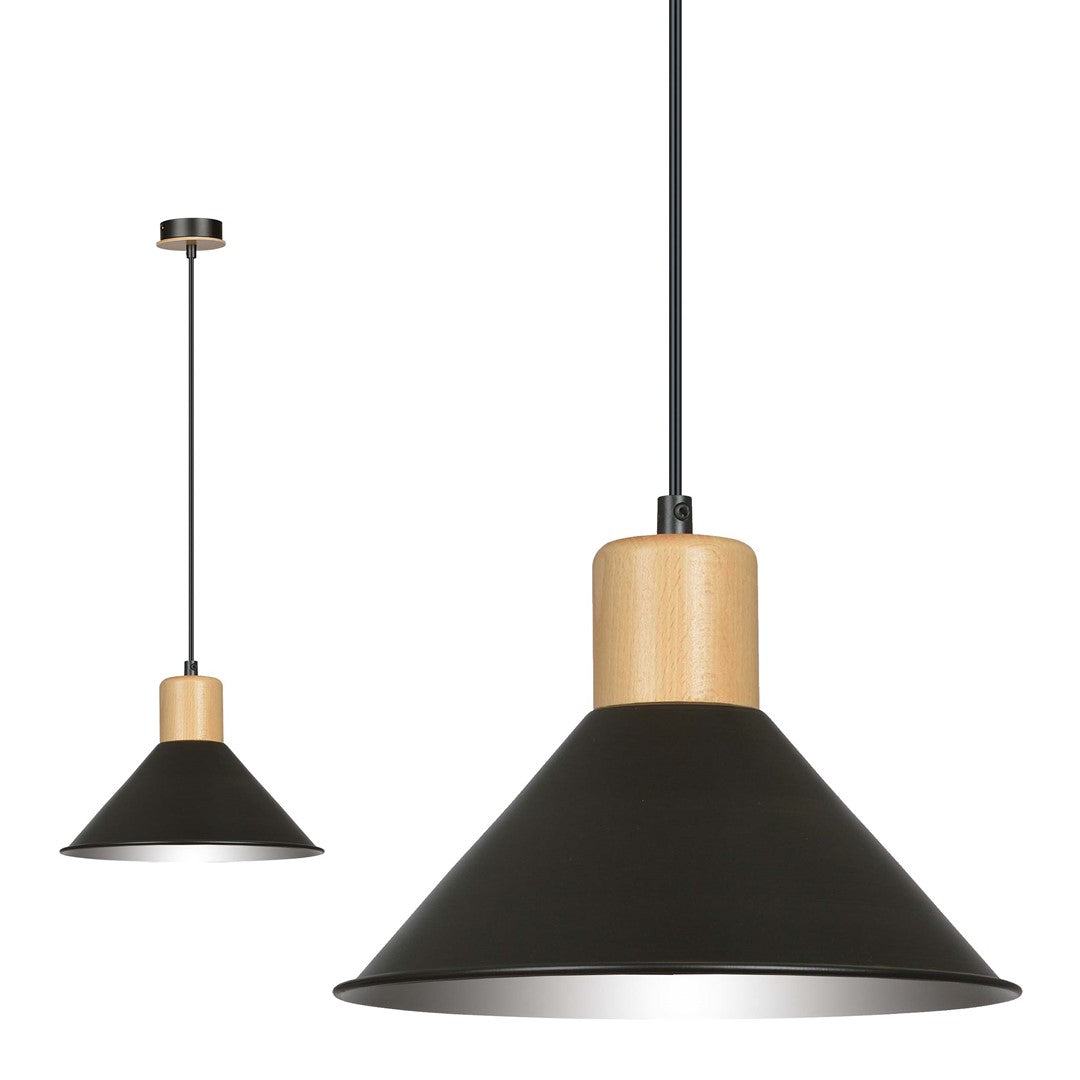 Lampa suspendata conica neagra cu accente de lemn Rowen