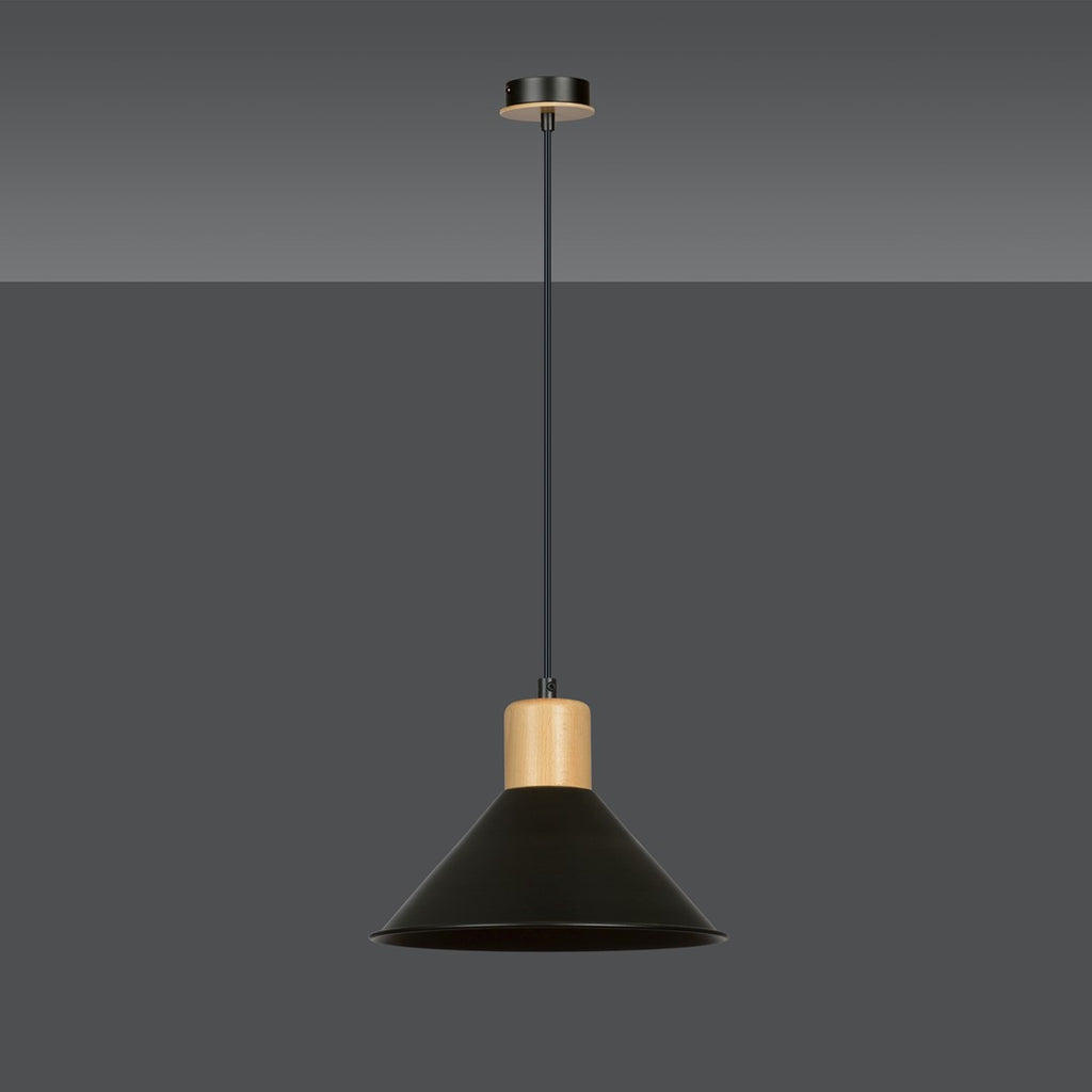 Lampa suspendata conica neagra cu accente de lemn Rowen
