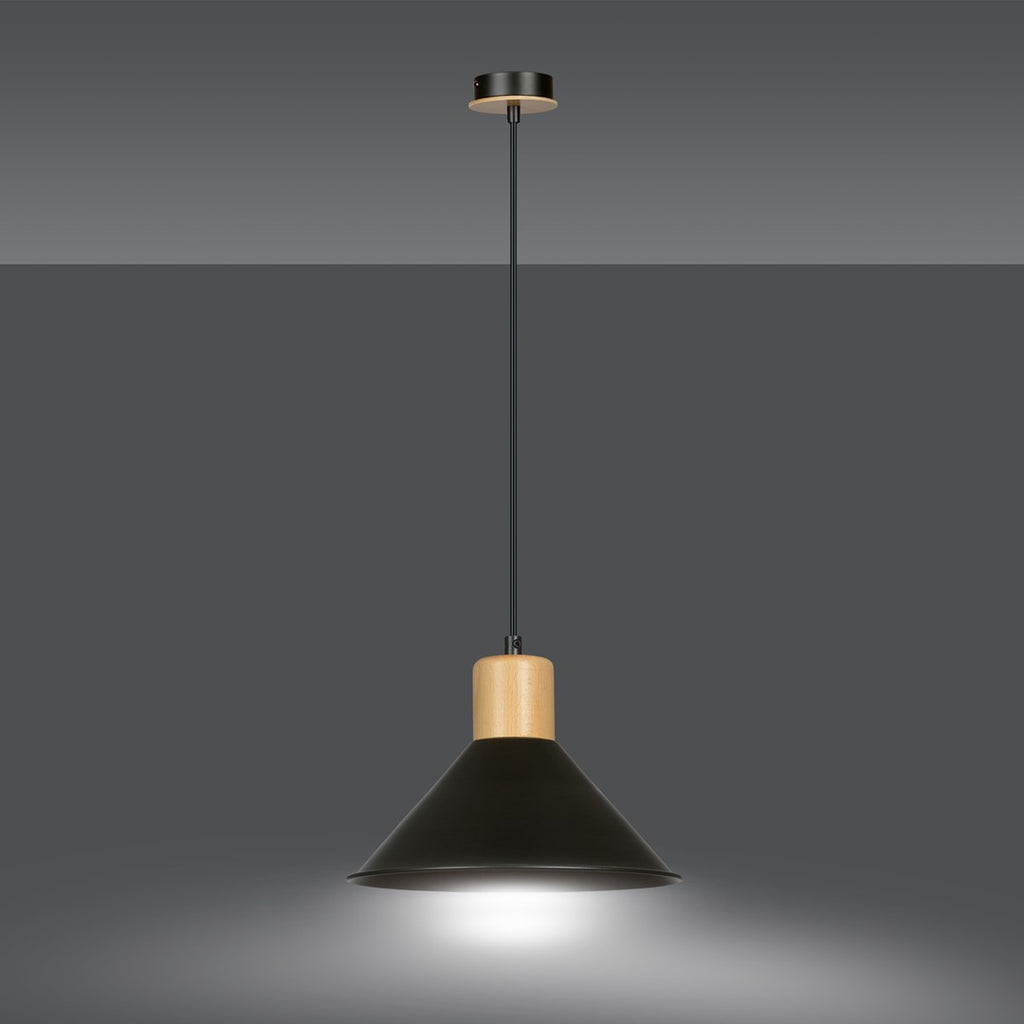 Lampa suspendata conica neagra cu accente de lemn Rowen
