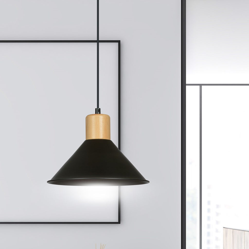 Lampa suspendata conica neagra cu accente de lemn Rowen
