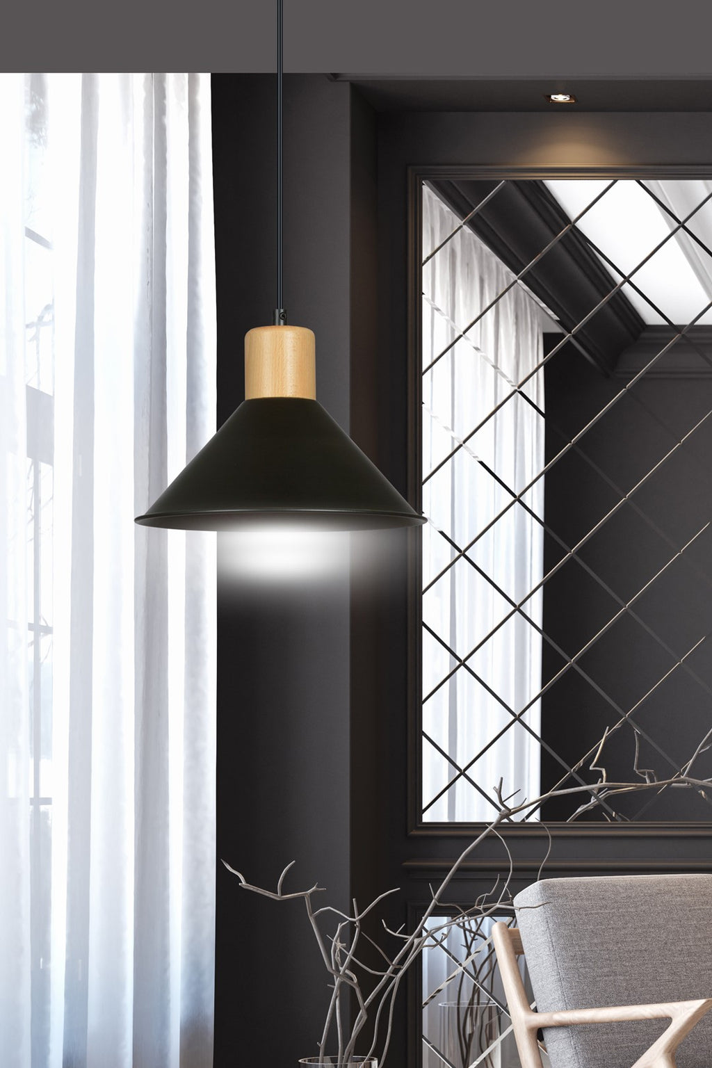 Lampa suspendata conica neagra cu accente de lemn Rowen