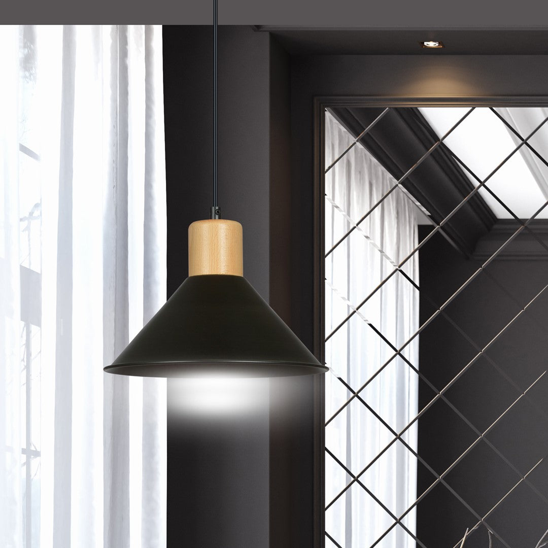 Lampa suspendata conica neagra cu accente de lemn Rowen