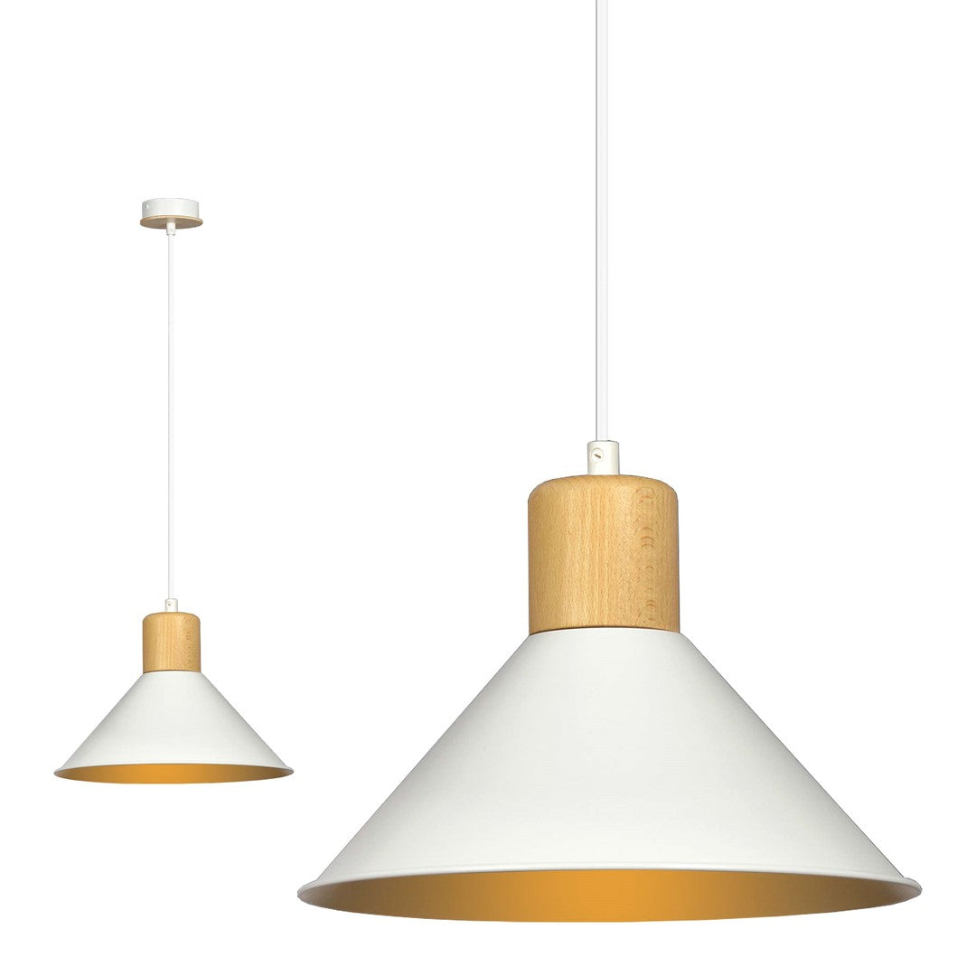 Lampa suspendata conica alba cu accente de lemn Rowen