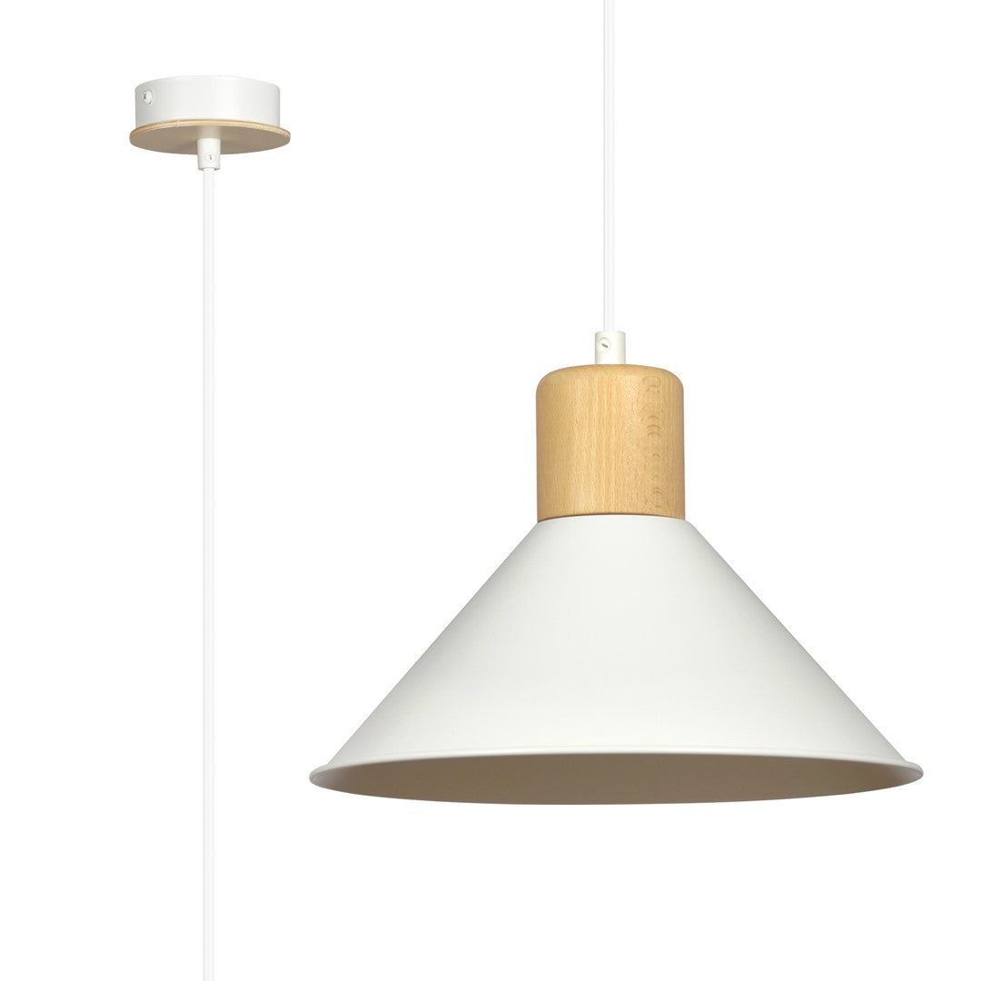Lampa suspendata conica alba cu accente de lemn Rowen