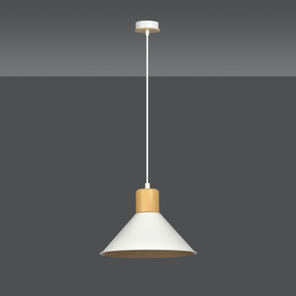 Lampa suspendata conica alba cu accente de lemn Rowen