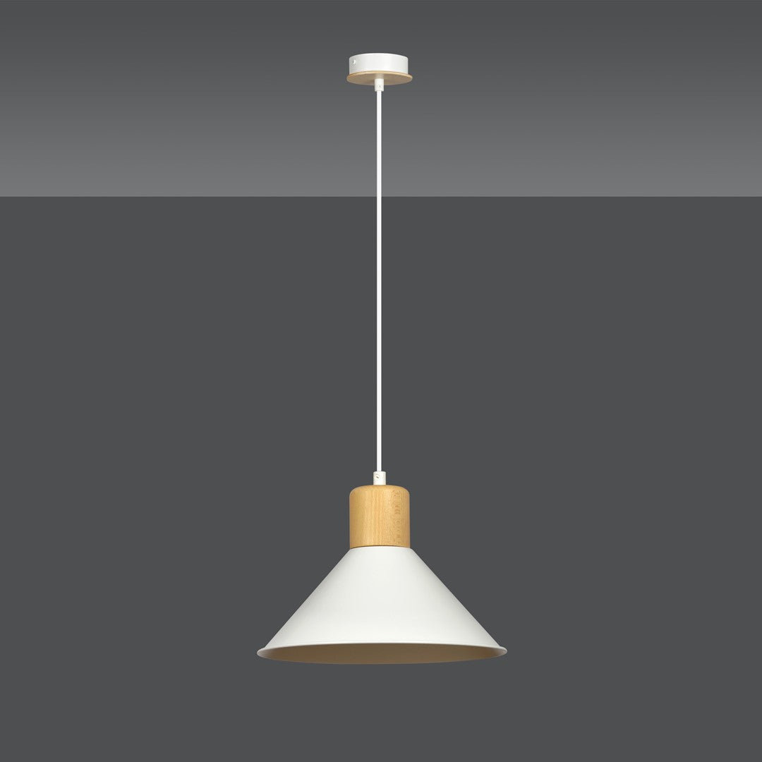 Lampa suspendata conica alba cu accente de lemn Rowen