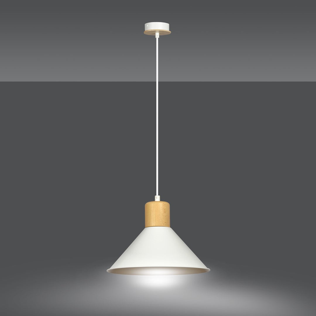 Lampa suspendata conica alba cu accente de lemn Rowen