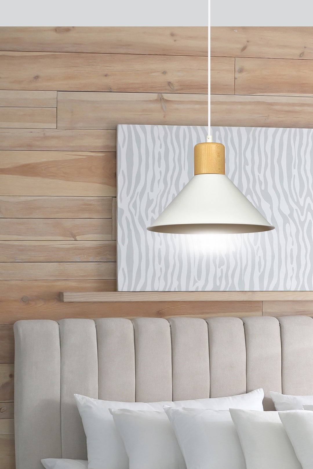 Lampa suspendata conica alba cu accente de lemn Rowen