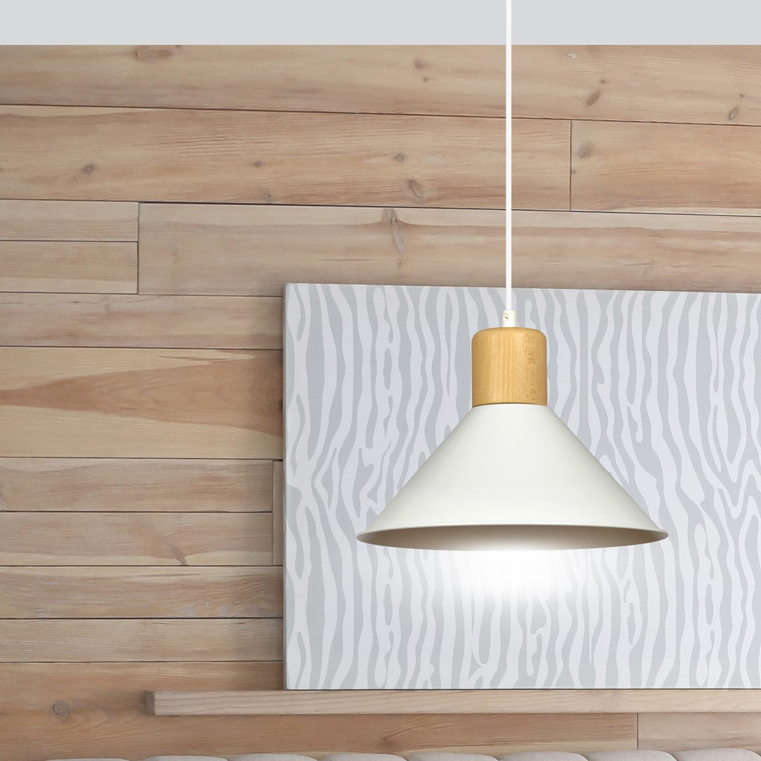 Lampa suspendata conica alba cu accente de lemn Rowen