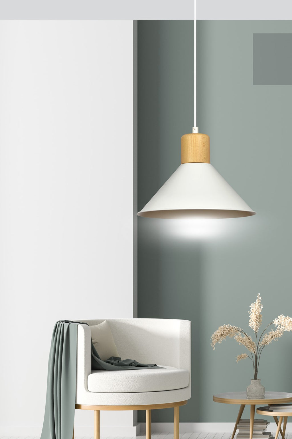 Lampa suspendata conica alba cu accente de lemn Rowen
