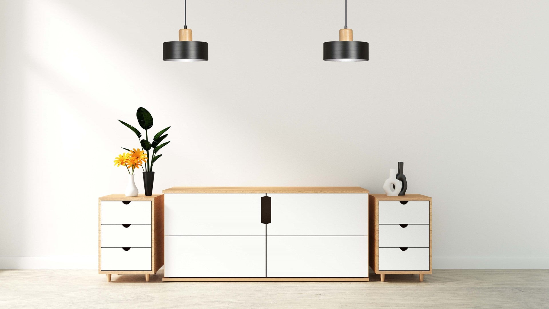 Lampa suspendata minimalista neagra cu accente de lemn Torin