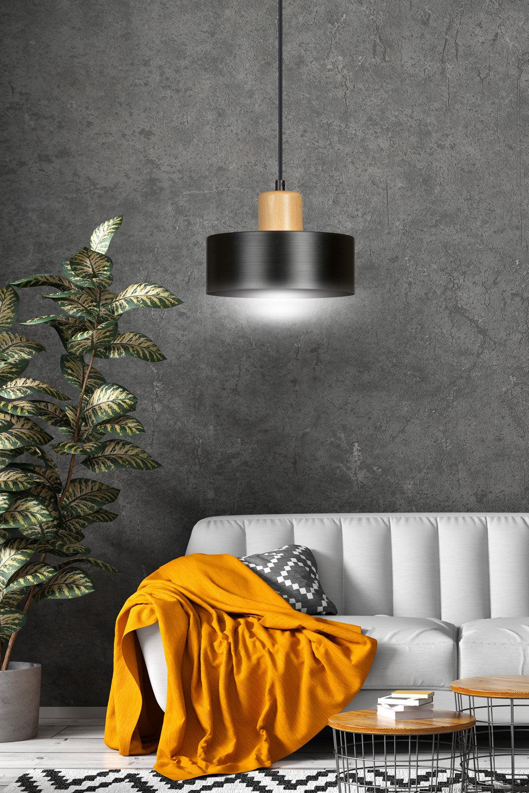 Lampa suspendata minimalista neagra cu accente de lemn Torin