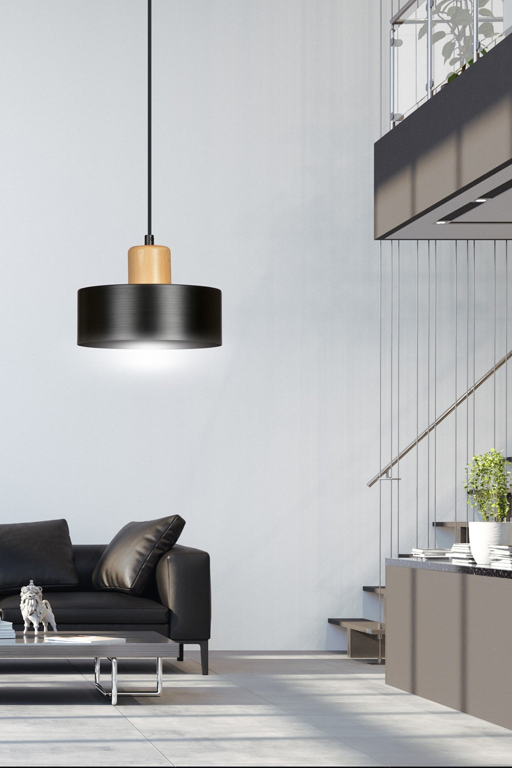 Lampa suspendata minimalista neagra cu accente de lemn Torin