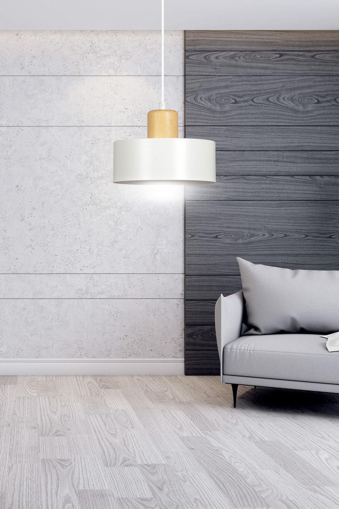 Lampa suspendata minimalista alba cu accente de lemn Torin