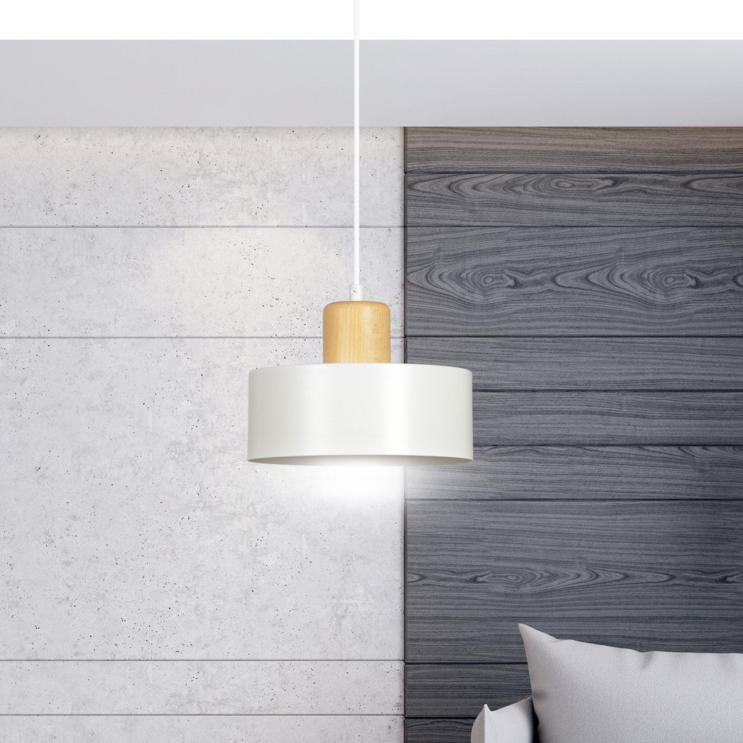 Lampa suspendata minimalista alba cu accente de lemn Torin