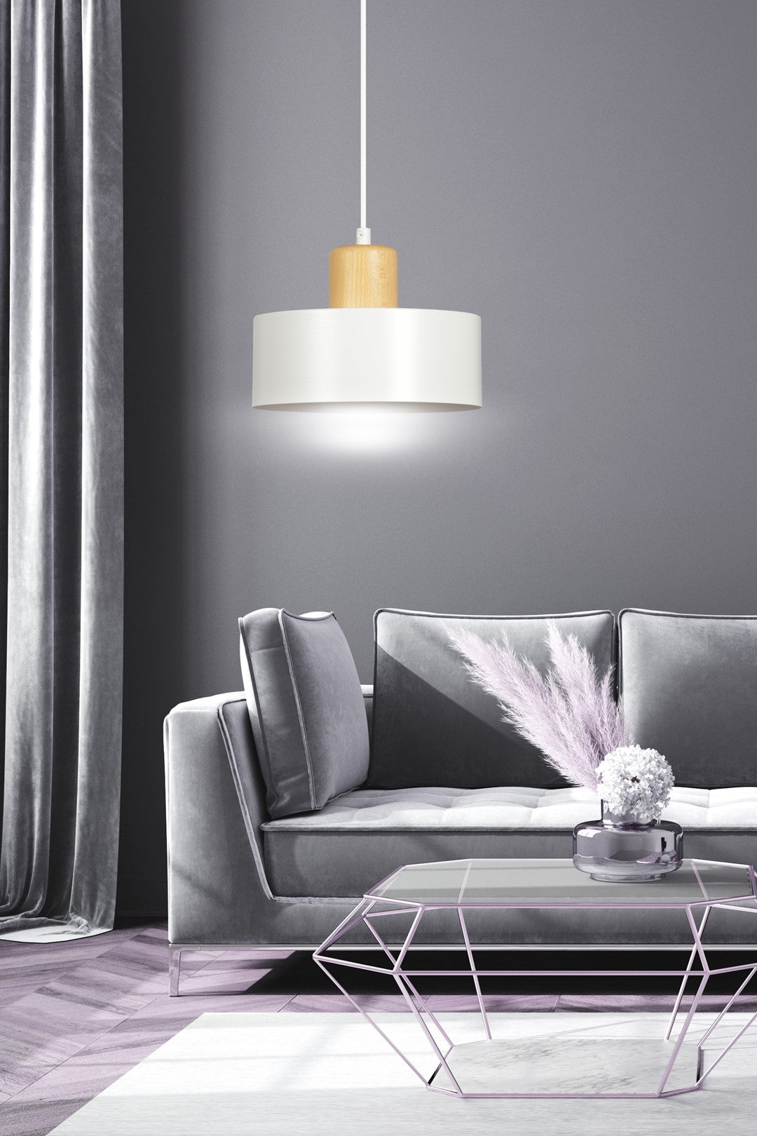 Lampa suspendata minimalista alba cu accente de lemn Torin