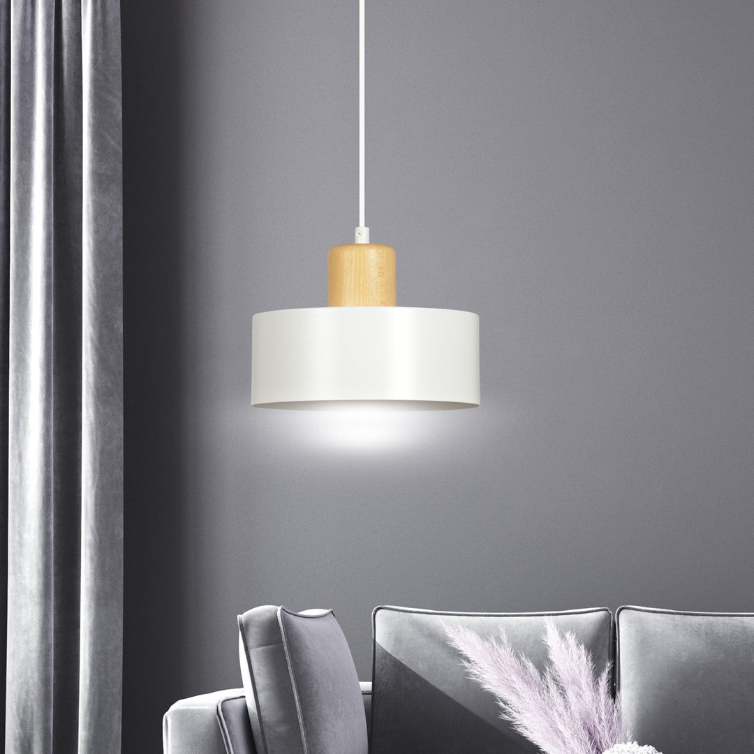 Lampa suspendata minimalista alba cu accente de lemn Torin