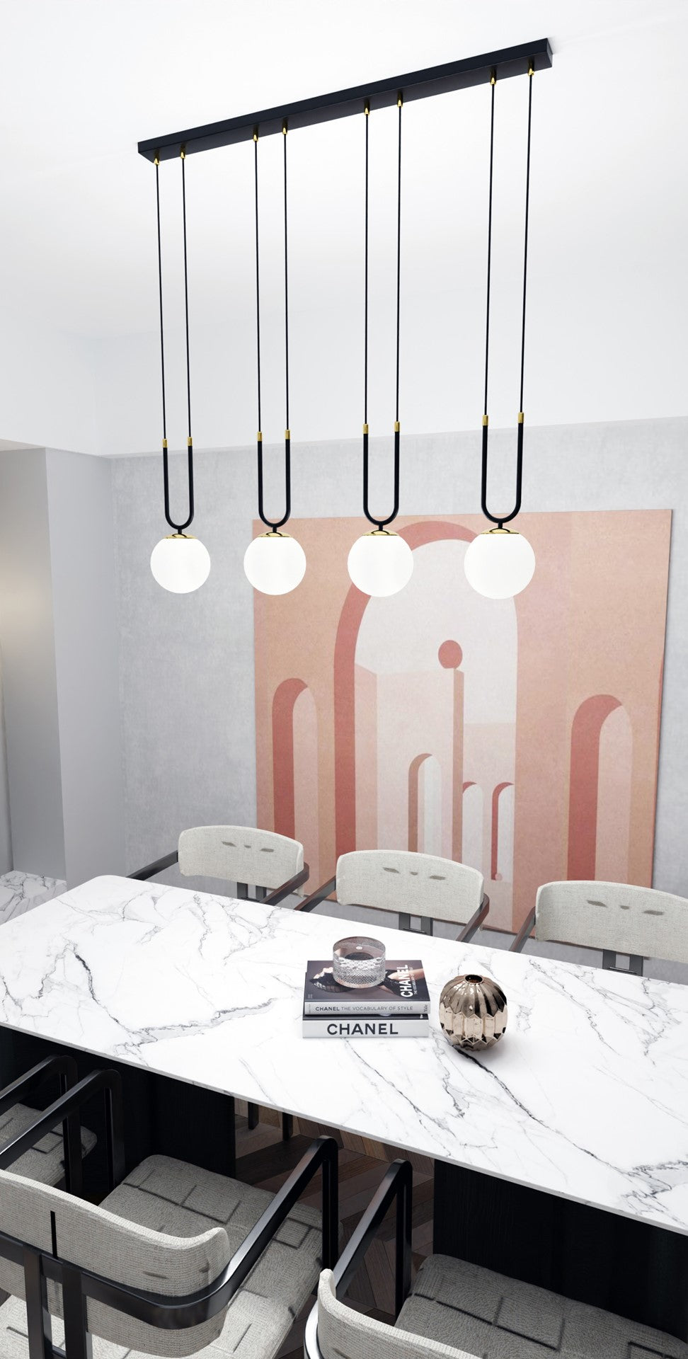 Lampa suspendata alba cu accente aurii 4 lumini Glam
