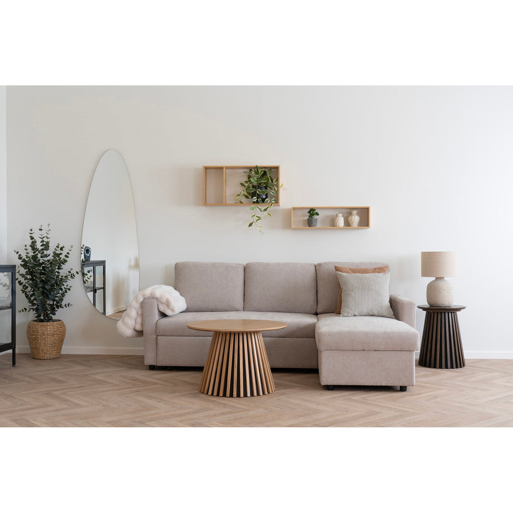 Canapea extensibilă cu șezlong și spațiu de depozitare, nisipiu închis, picioare natur, HN1085