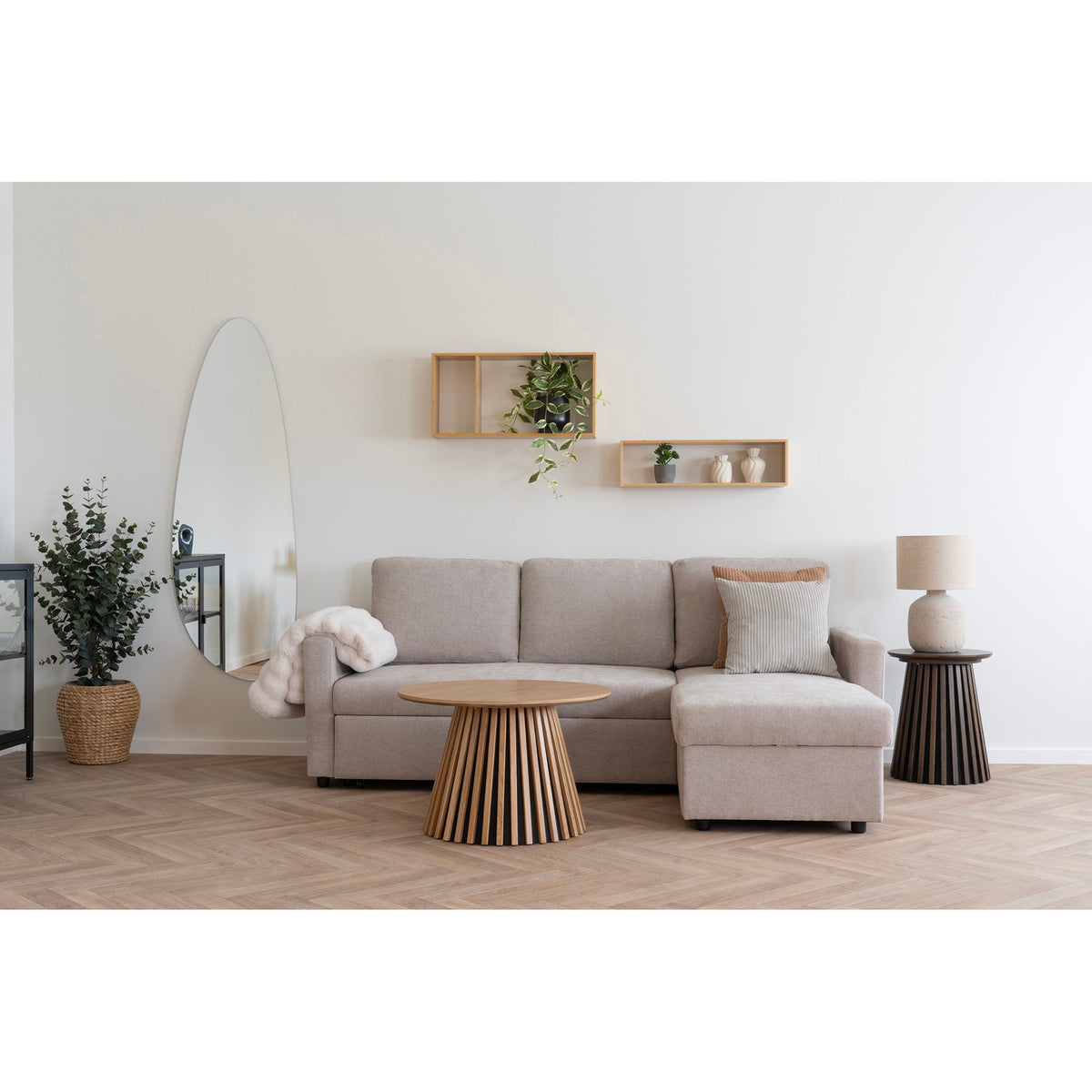 Canapea extensibilă cu șezlong și spațiu de depozitare, nisipiu închis, picioare natur, HN1085