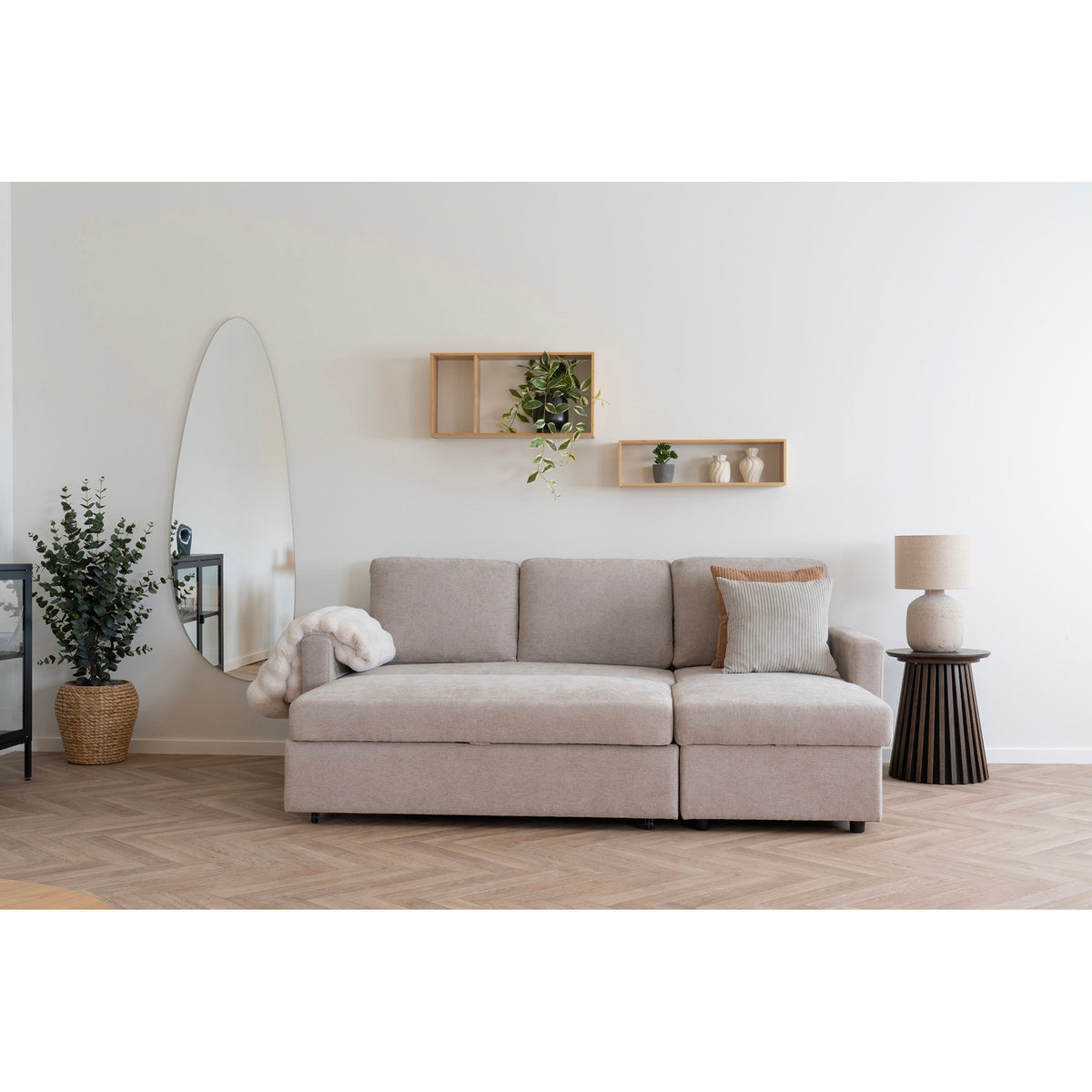 Canapea extensibilă cu șezlong și spațiu de depozitare, nisipiu închis, picioare natur, HN1085