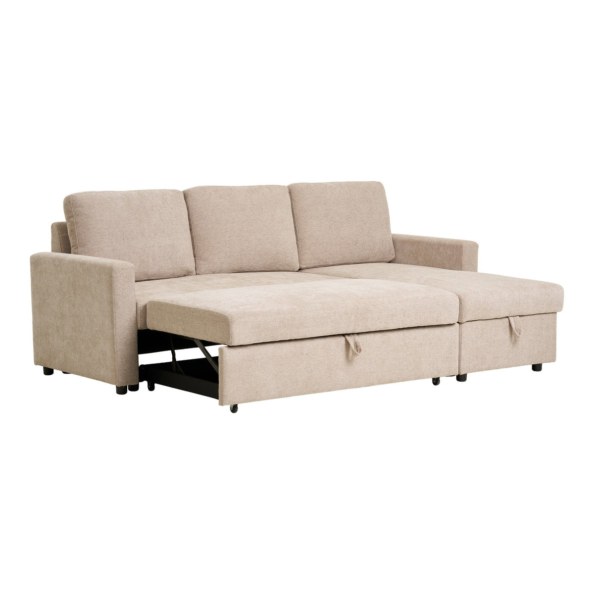 Canapea extensibilă cu șezlong și spațiu de depozitare, nisipiu închis, picioare natur, HN1085