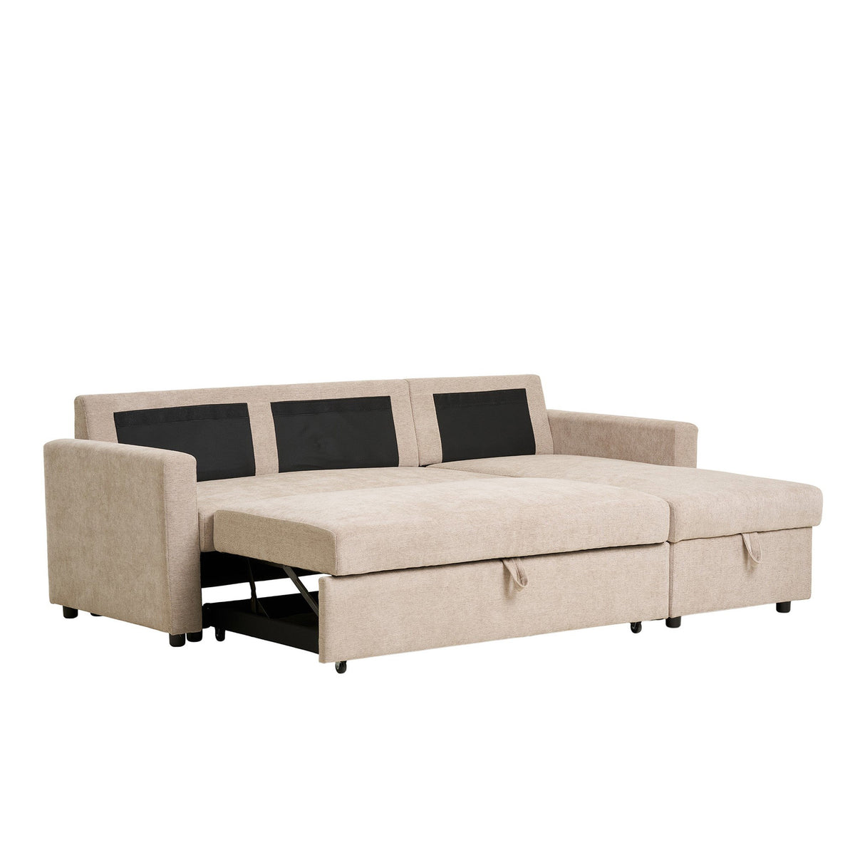Canapea extensibilă cu șezlong și spațiu de depozitare, nisipiu închis, picioare natur, HN1085