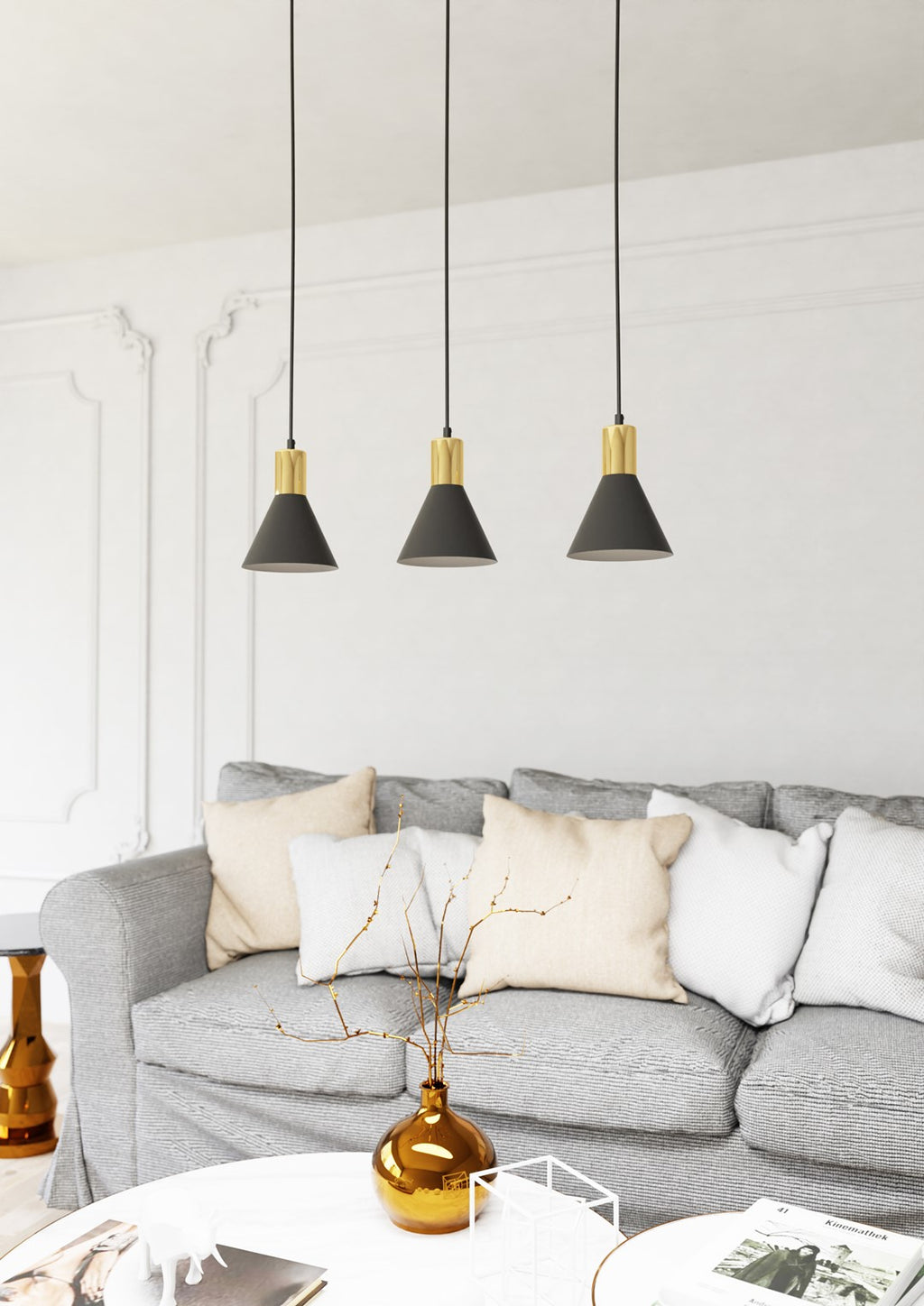 Lampa suspendata metalica neagra conica 3 lumini Rosa