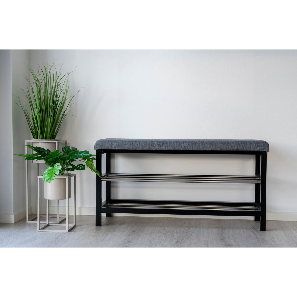 Bancă cu pernă și 2 polițe, gri, picioare negre, 100x34x50 cm
