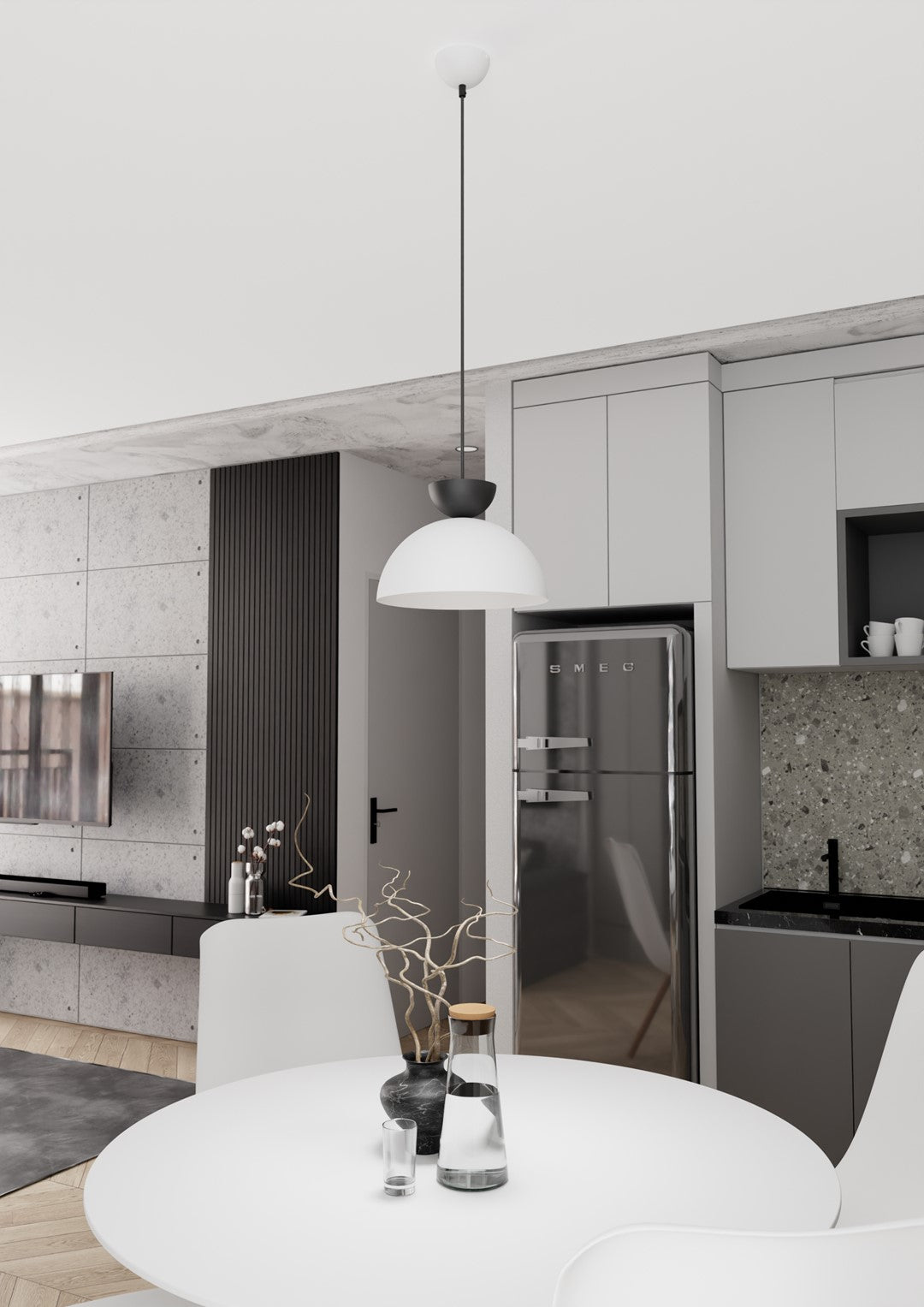 Lampa suspendata emisferica alb si negru Lunaro