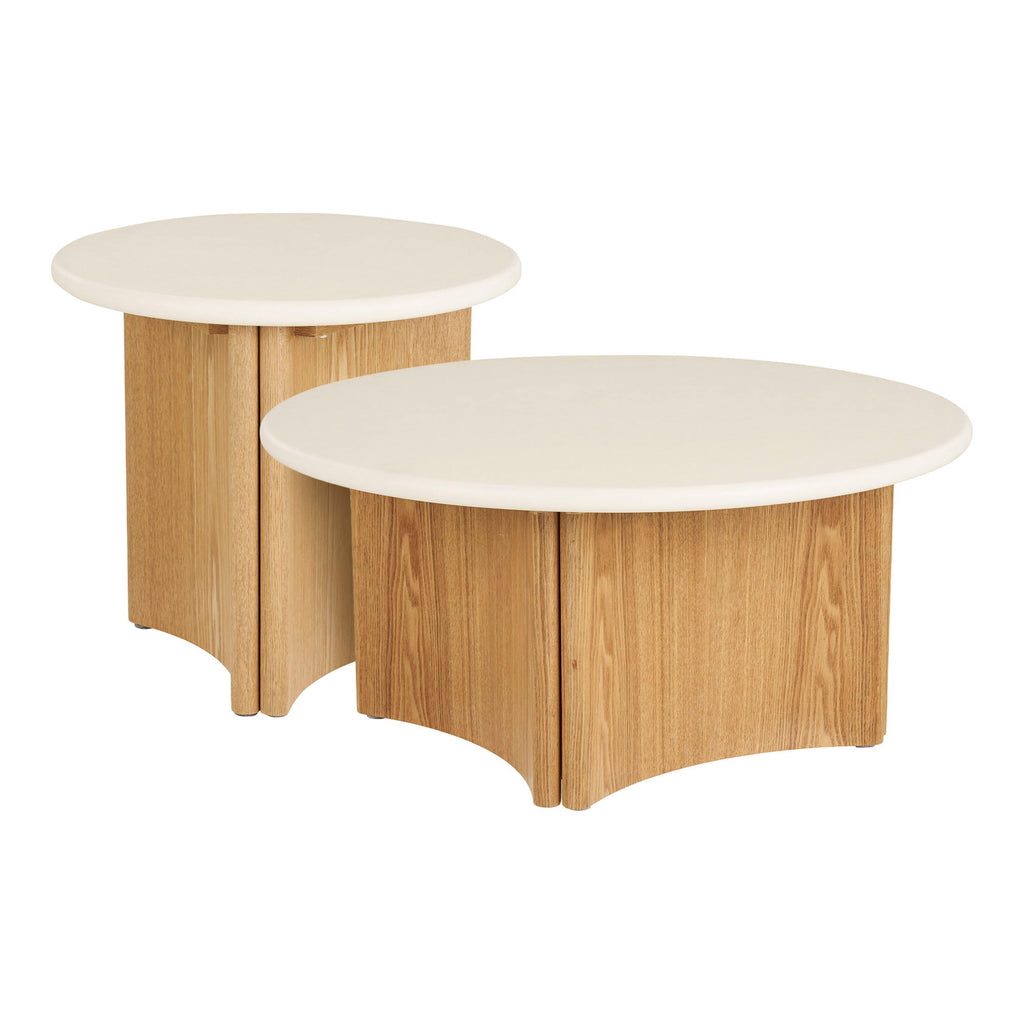 Set de mese de cafea, ciment/furnir de frasin, alb/natur, ø80x37 & ø50x45 cm