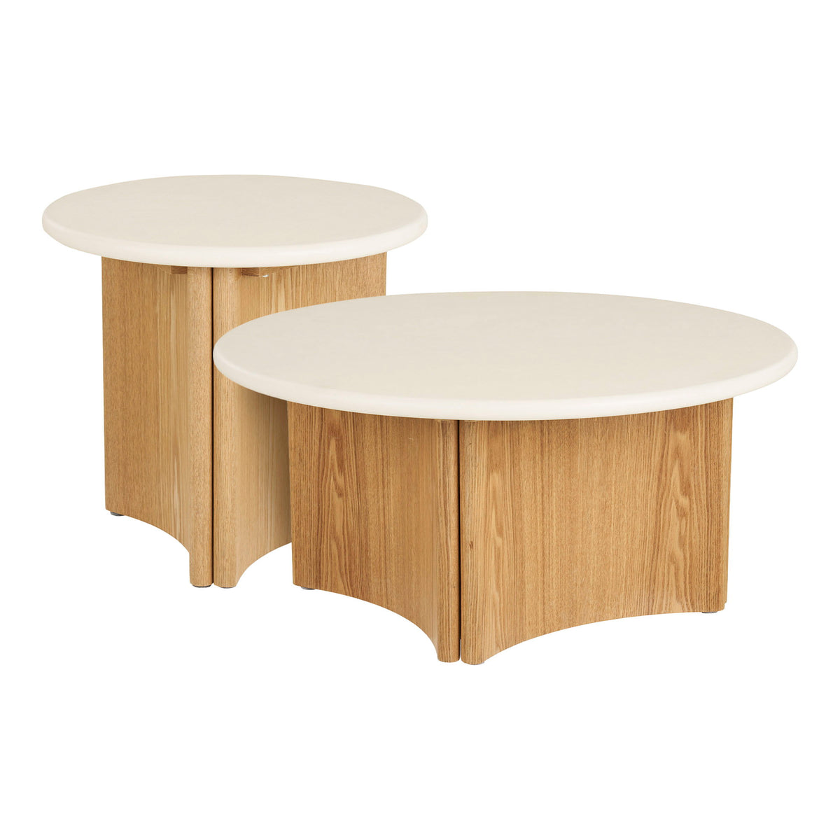 Set de mese de cafea, ciment/furnir de frasin, alb/natur, ø80x37 & ø50x45 cm
