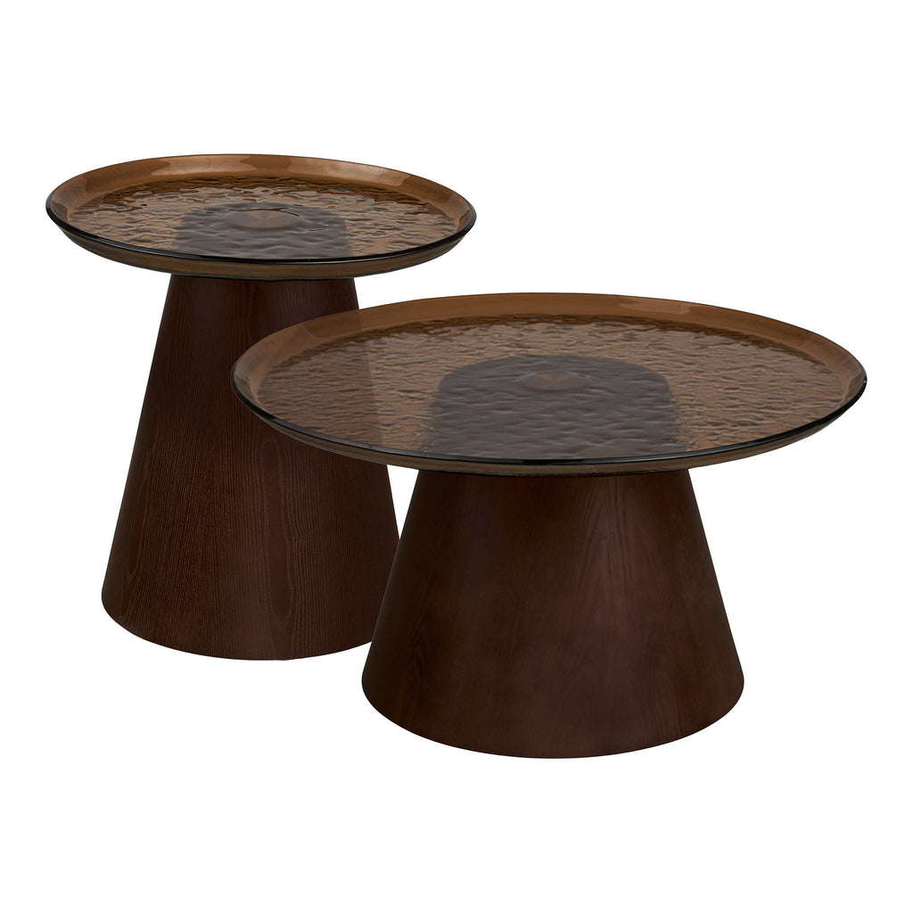 Set de mese de cafea, furnir de frasin/sticlă, maro, ø80x42  & ø50x48 cm