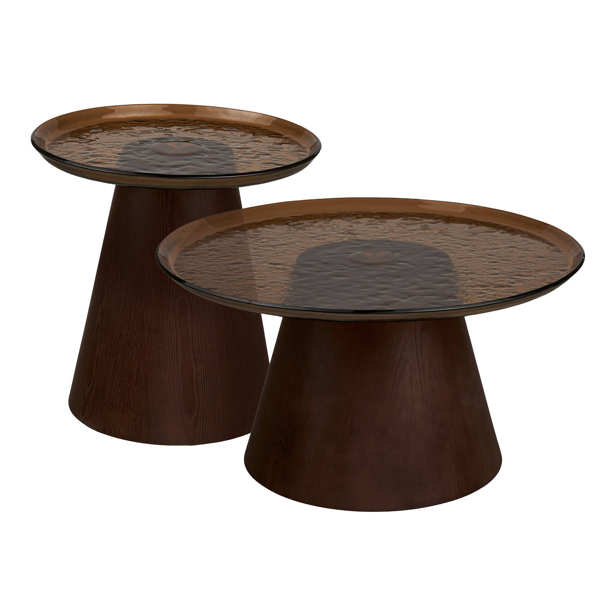 Set de mese de cafea, furnir de frasin/sticlă, maro, ø80x42  & ø50x48 cm