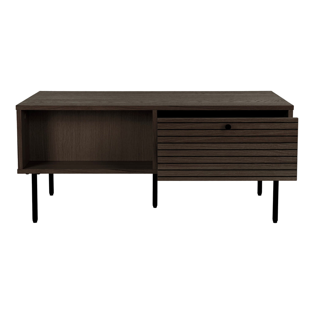Masă de cafea, 2 sertare, furnir de stejar, fumuriu, picioare din metal negru, 50x100x45 cm