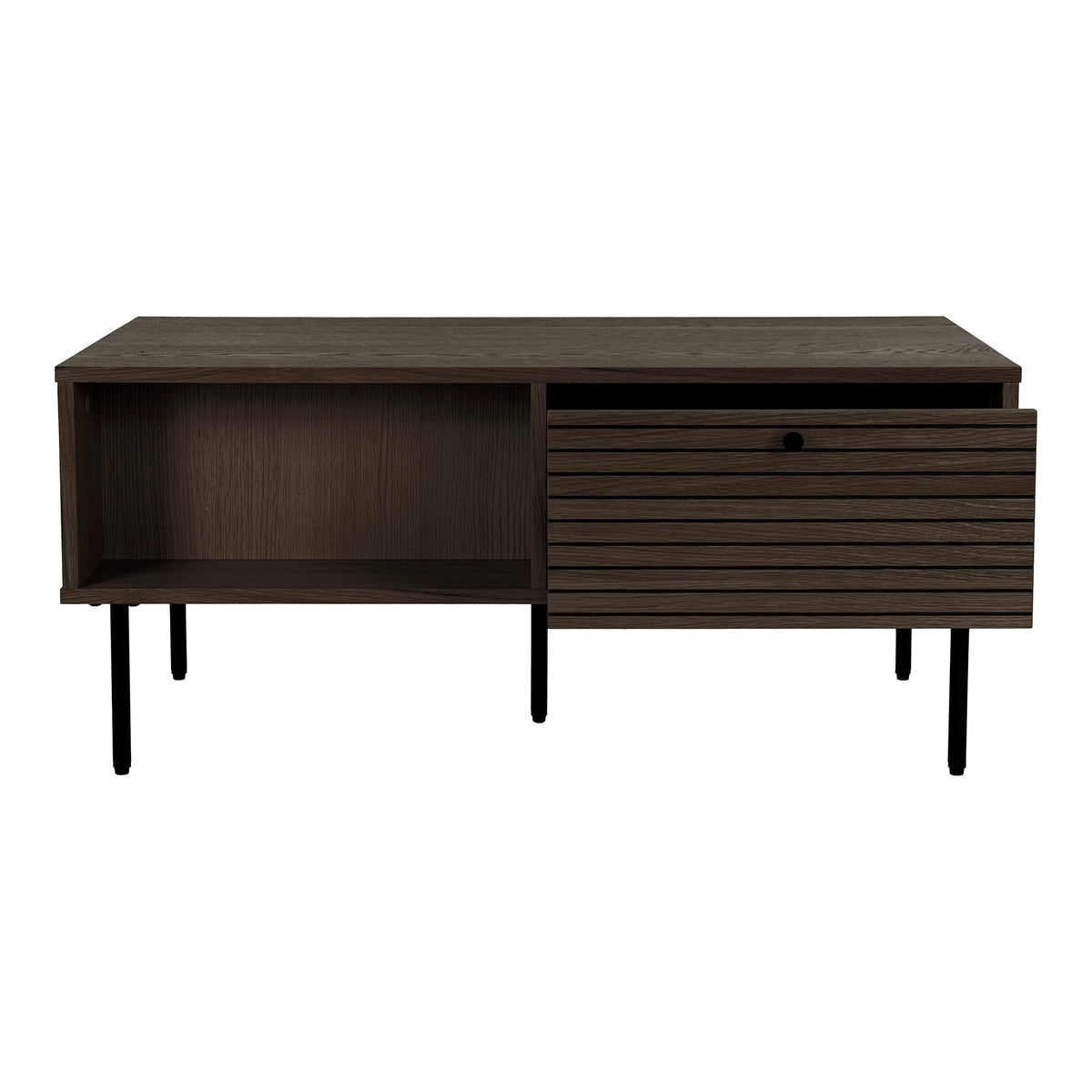 Masă de cafea, 2 sertare, furnir de stejar, fumuriu, picioare din metal negru, 50x100x45 cm