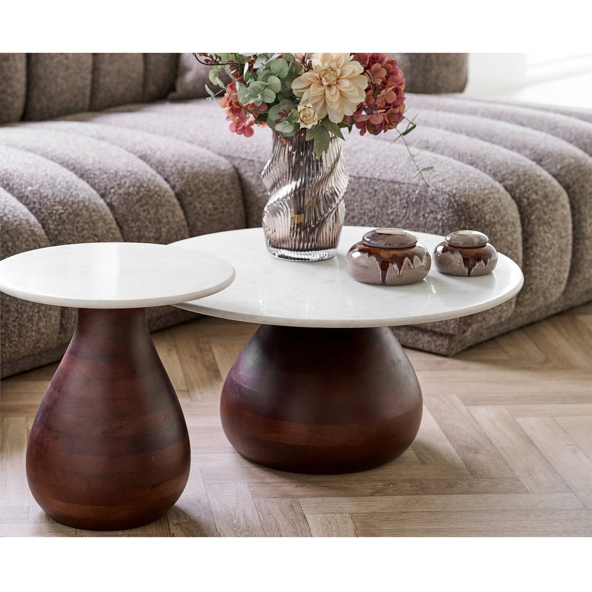 Masă de cafea, lemn de mango/marmură, maro închis/alb, ø70x35 cm