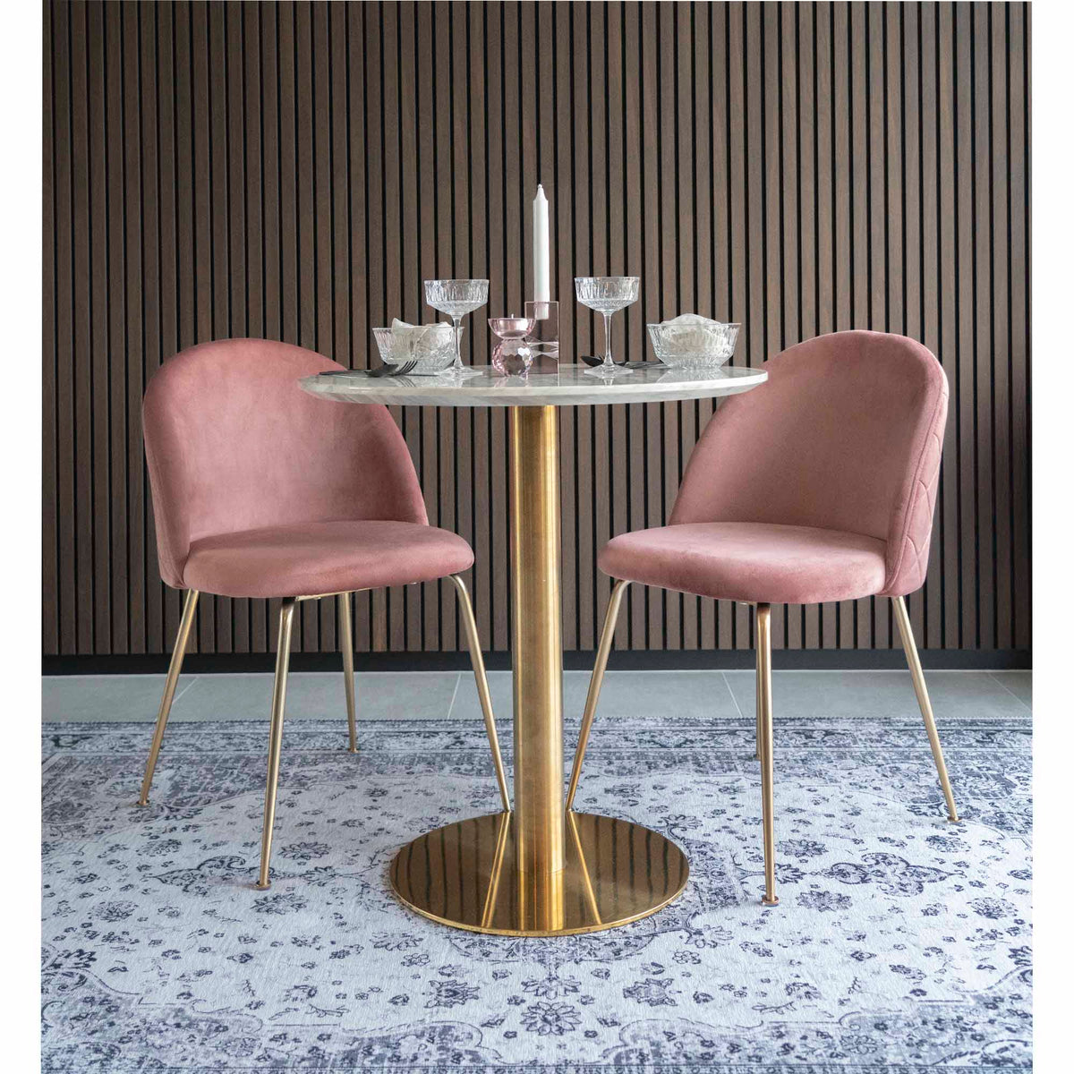 Masă de dining, blat cu aspect de marmură, bază cu aspect de alamă, ø70x75 cm