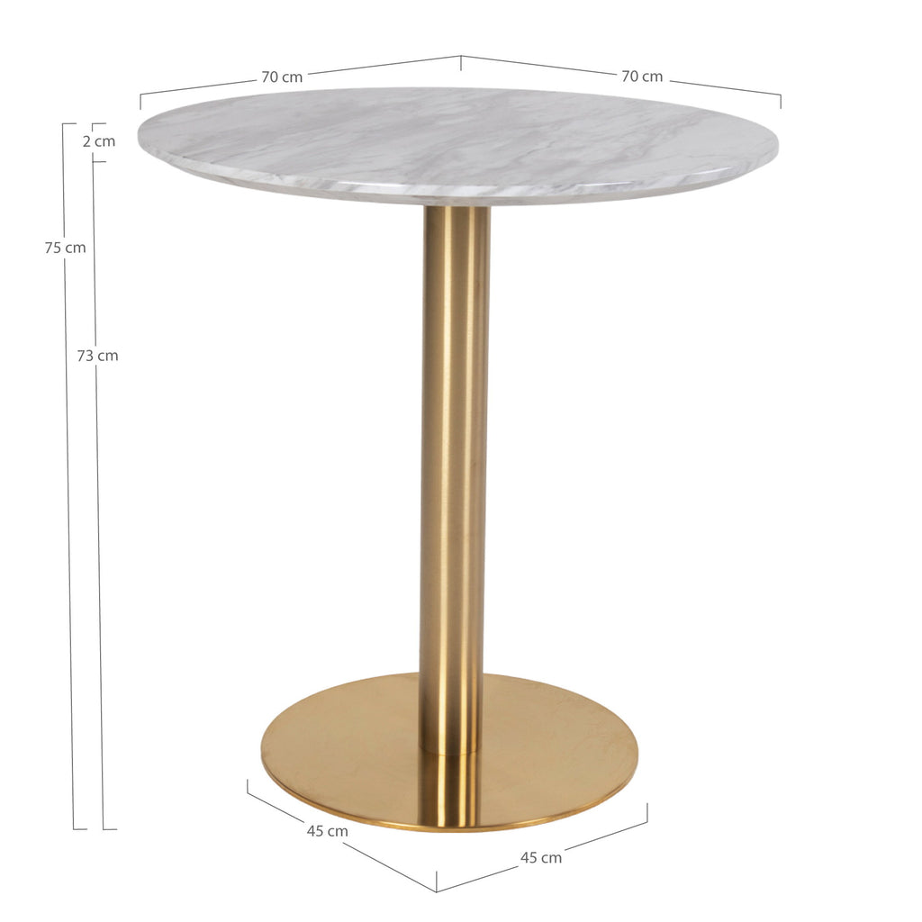 Masă de dining, blat cu aspect de marmură, bază cu aspect de alamă, ø70x75 cm