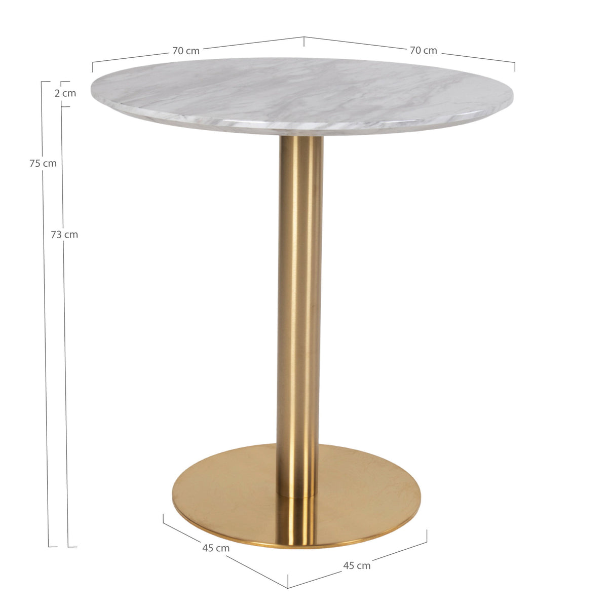 Masă de dining, blat cu aspect de marmură, bază cu aspect de alamă, ø70x75 cm