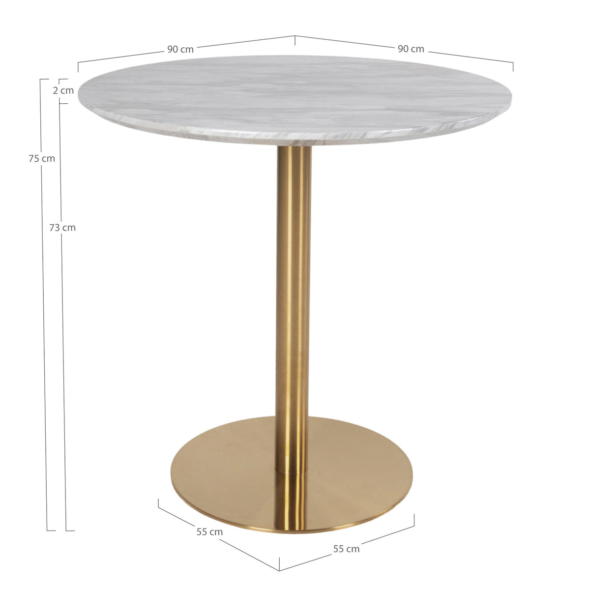 Masă de dining, blat cu aspect de marmură, bază cu aspect de alamă, ø90x75 cm