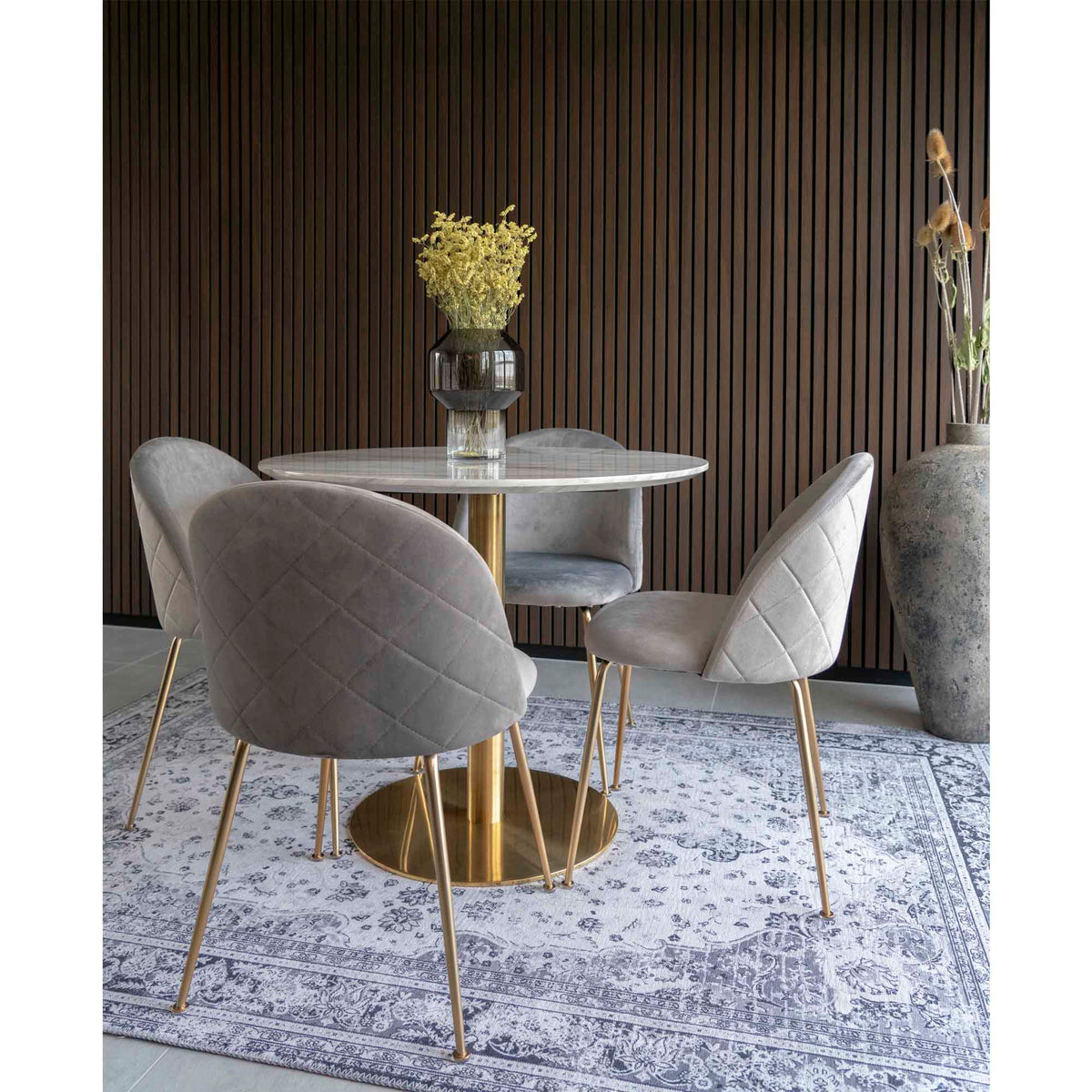 Masă de dining, blat cu aspect de marmură, bază cu aspect de alamă, ø90x75 cm