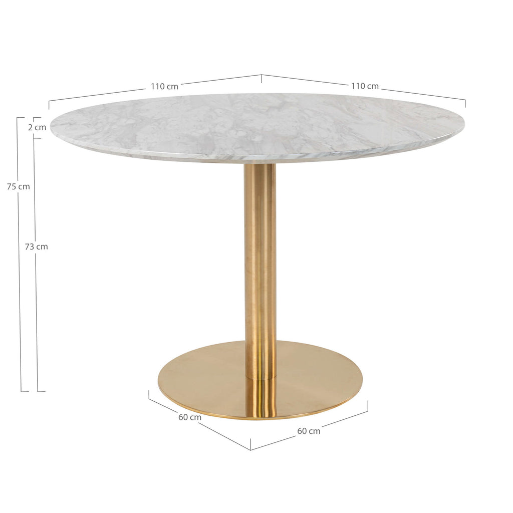Masă de dining, blat cu aspect de marmură, bază cu aspect de alamă, ø110x75 cm